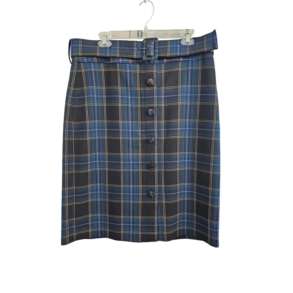 Maeve by Anthropologie Blue Plaid Belted Button Front Pencil Skirt Size 16 EUC